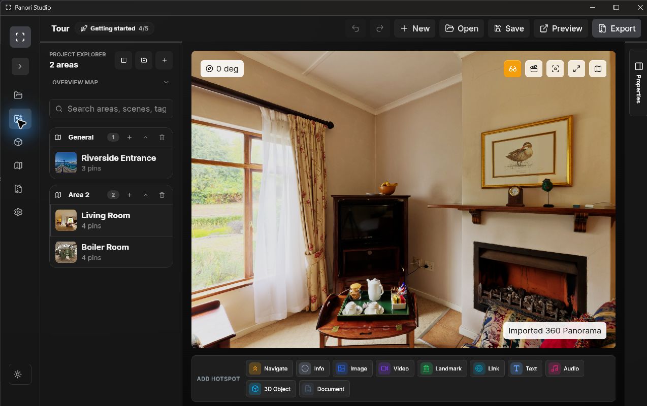 Panori Studio editor with connected scenes, a 360 panorama, and hotspot tools