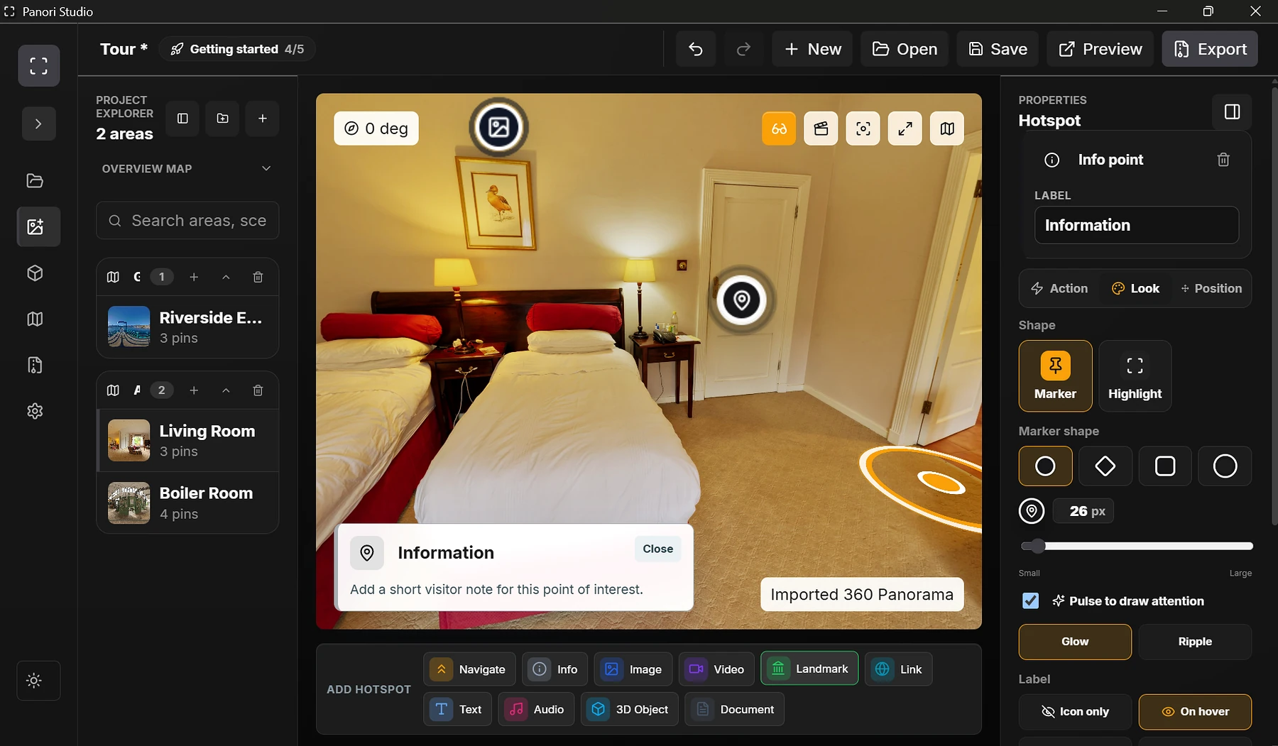 Current Panori Studio editor showing a residential panorama and information hotspot controls
