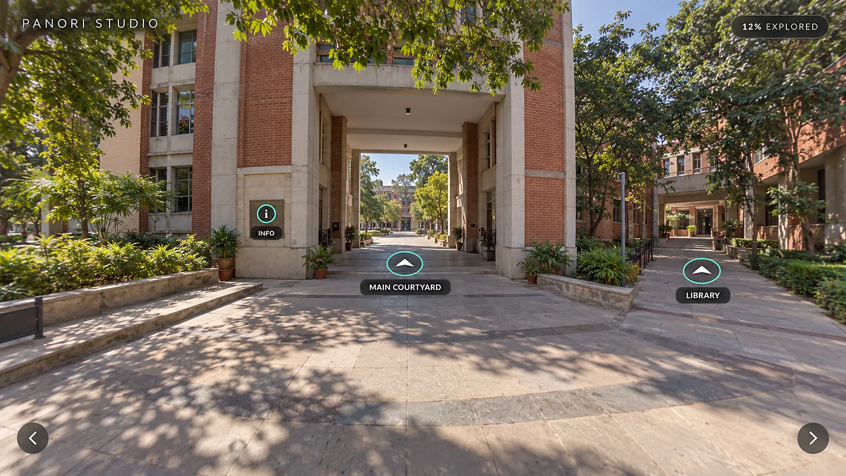 Illustrative Panori Studio campus tour with navigation and information hotspots