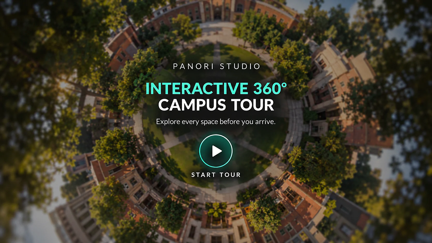 Illustrative branded welcome screen for an interactive campus tour