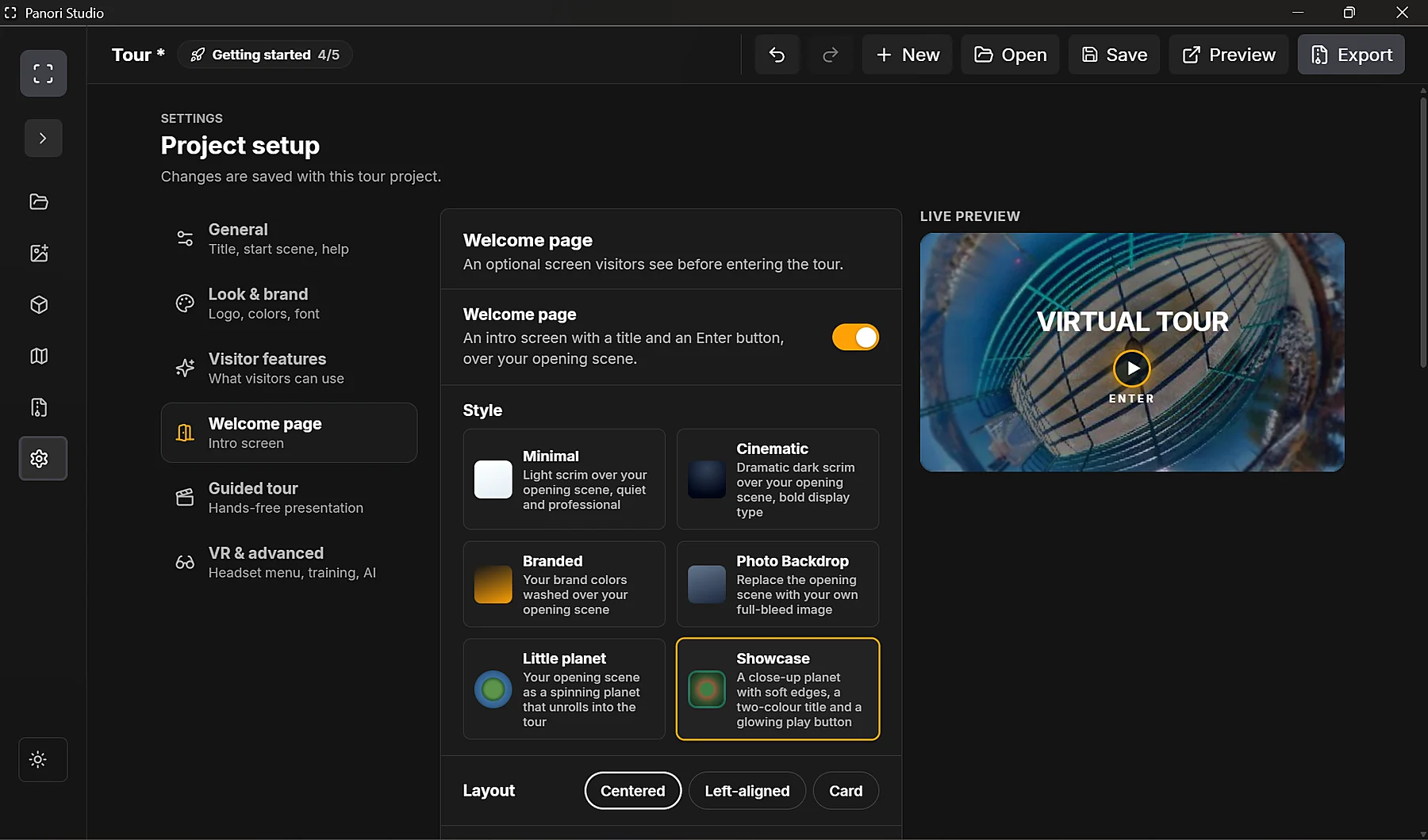 Genuine Panori Studio project setup and welcome-page editor