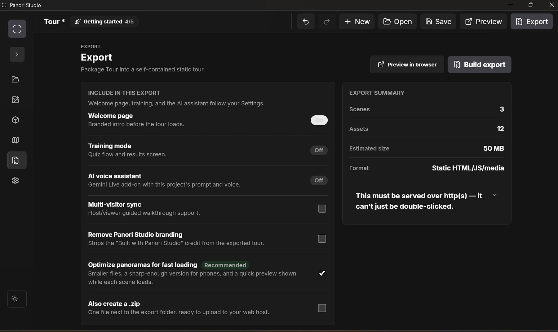 Current Panori Studio static export workflow and export summary