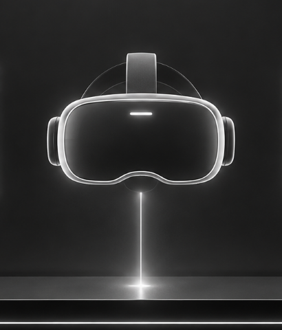 Glowing icons for a webpage, a VR headset, and storage, lit above a dark platform