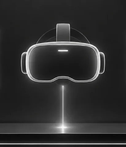 Glowing icons for a webpage, a VR headset, and storage, lit above a dark platform