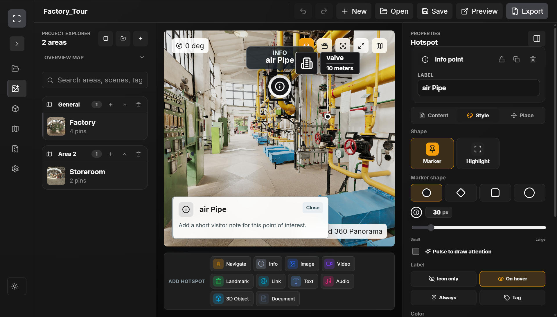 Panori Studio Factory Tour editor with interactive hotspots