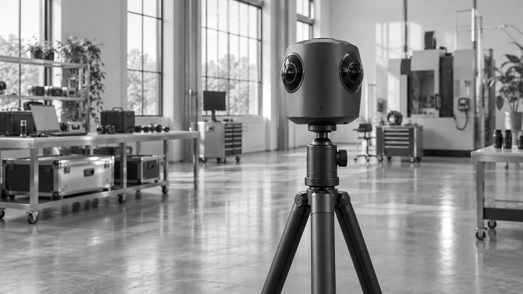 A panoramic camera capturing an industrial space