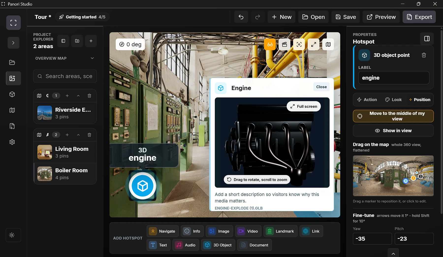 Panori Studio editor showing an industrial panorama with a 3D engine hotspot open