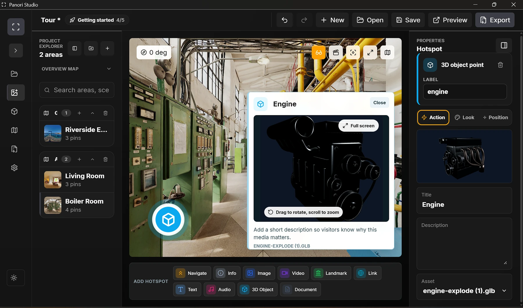 Panori Studio 3D-object hotspot settings for an engine model