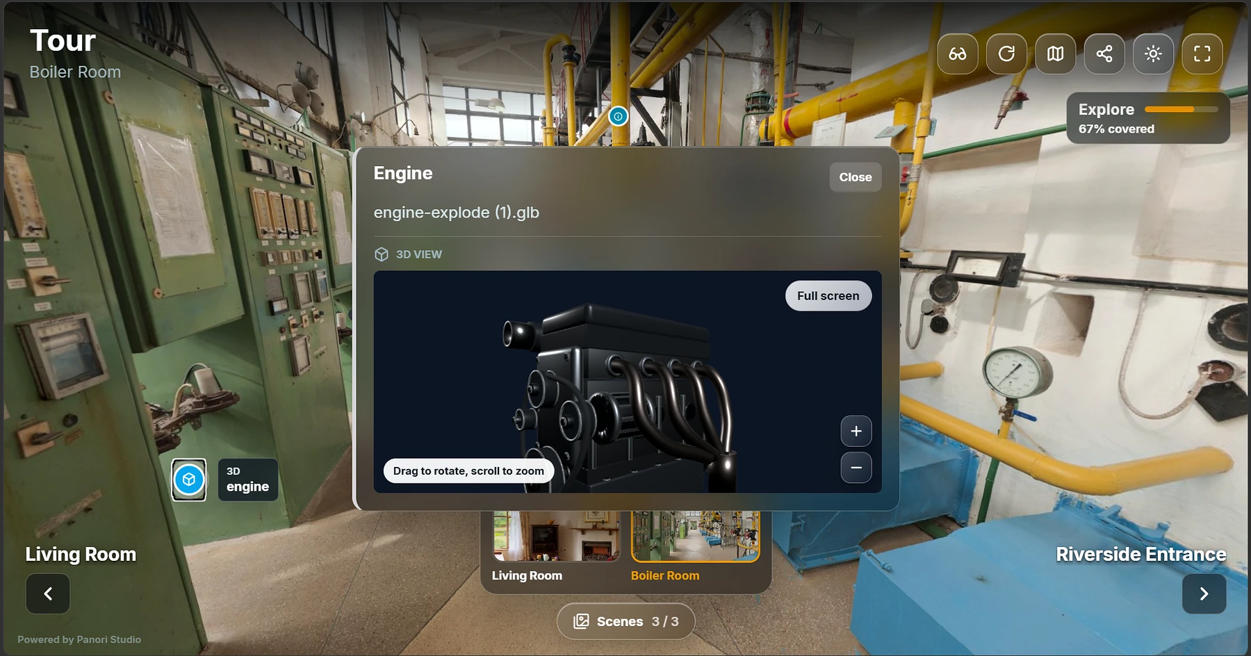 Industrial virtual tour with an interactive 3D engine model