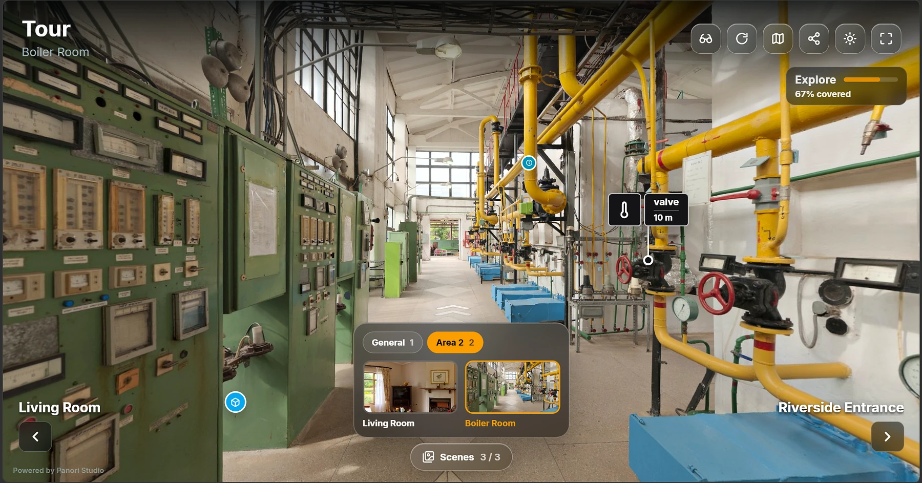 Industrial Panori Studio tour showing equipment hotspots and scene navigation