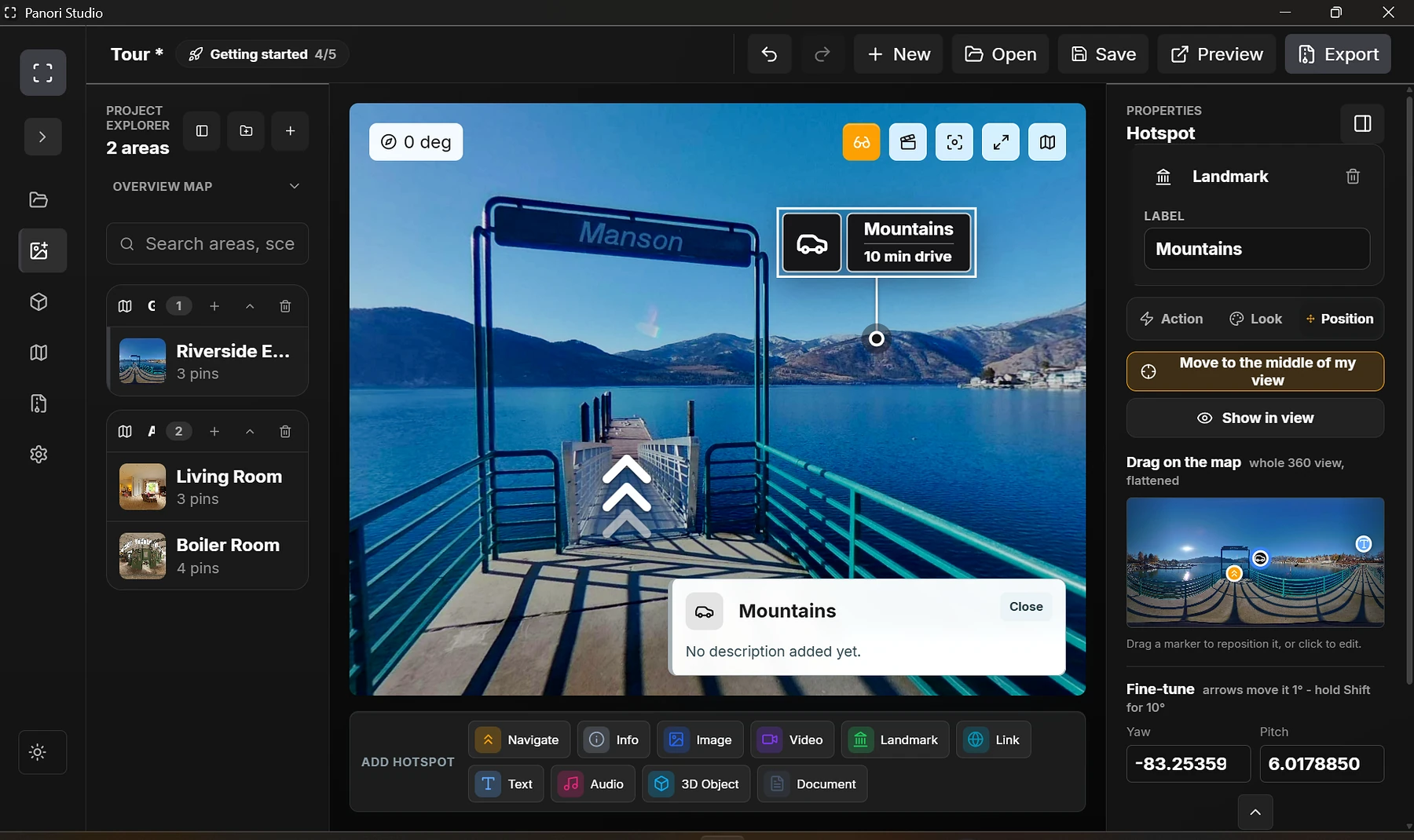 Panori Studio editor showing a riverside experience with navigation and information hotspots