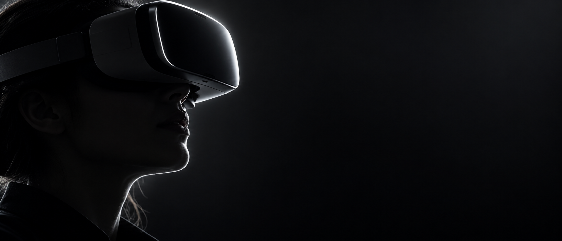 Side profile of a person wearing a black VR headset with silver rim lighting