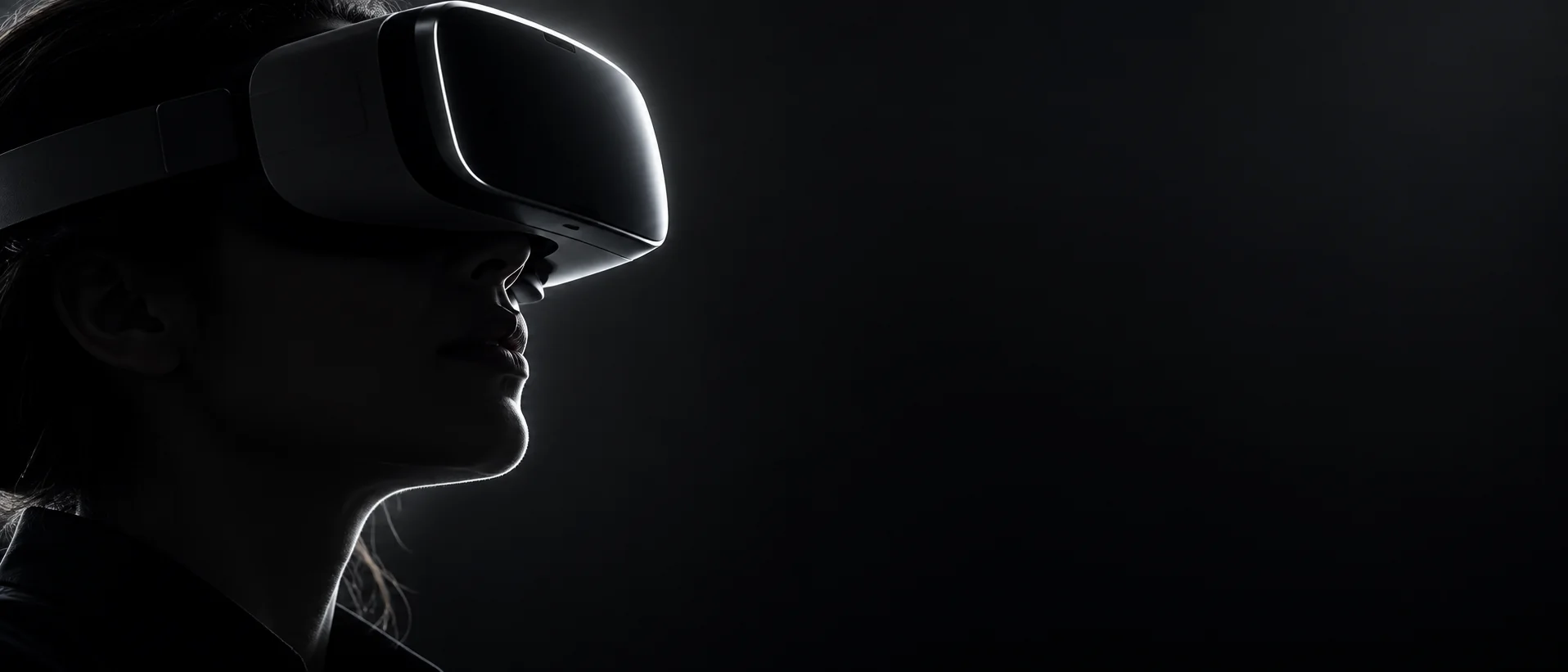 Side profile of a person wearing a black VR headset with silver rim lighting