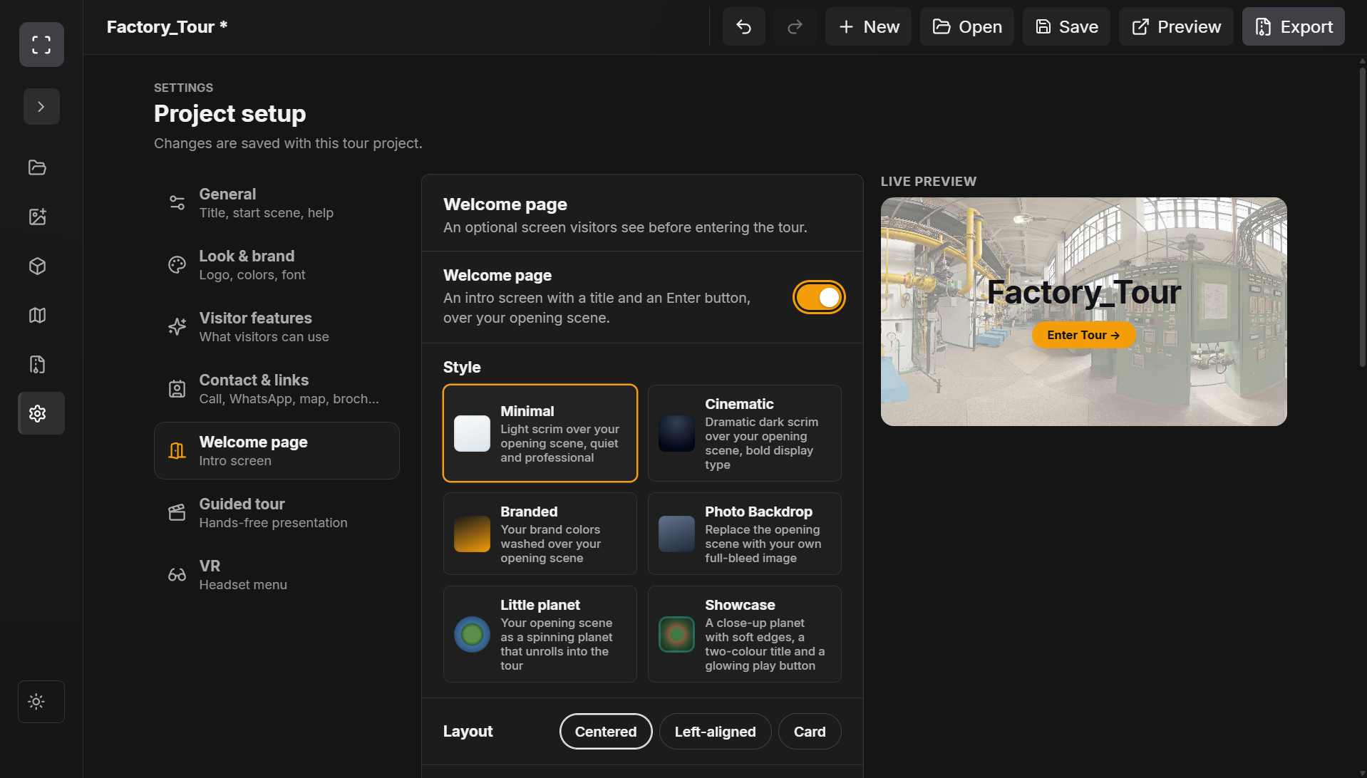 Panori Studio welcome page settings
