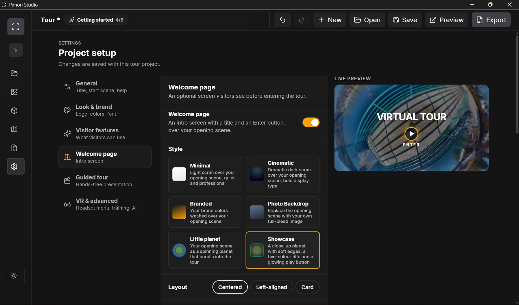 Current Panori Studio project setup with a live welcome-page preview